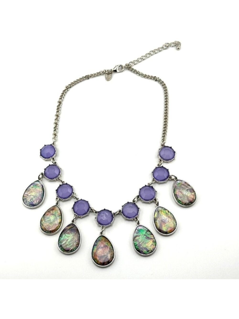 Charming Charlie Purple Iridescent Teardrop Statement Necklace Silver Tone